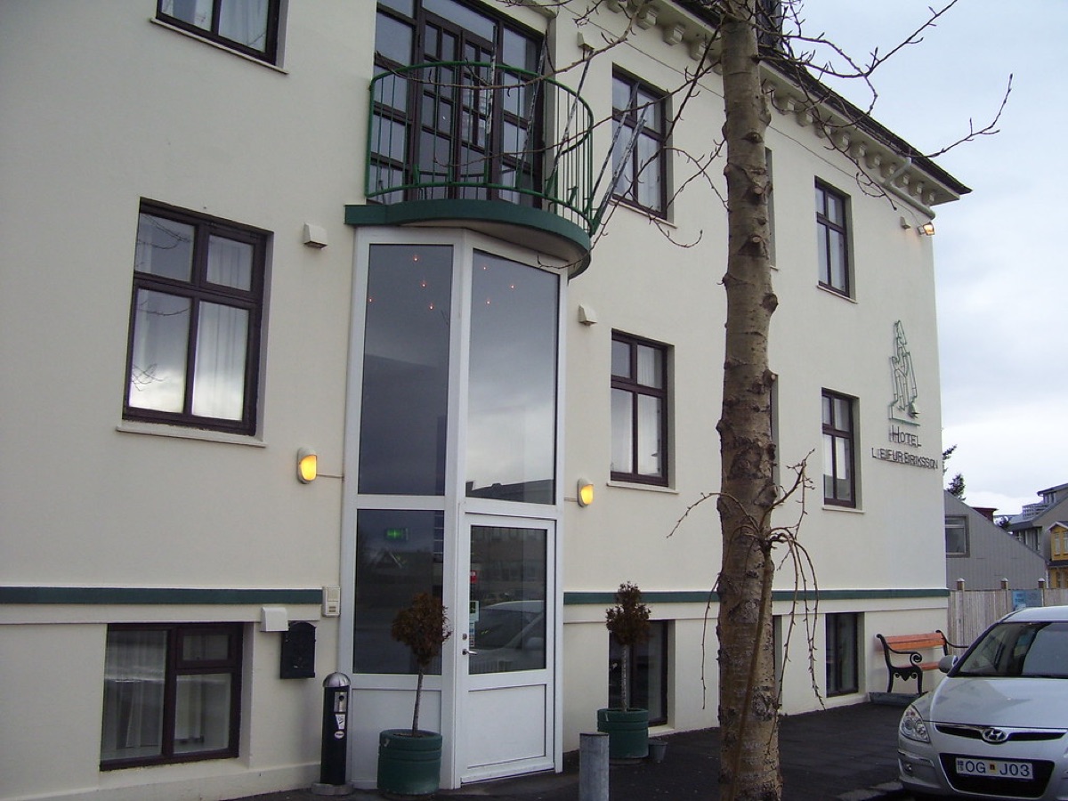 Icelandic hotel exterior at night