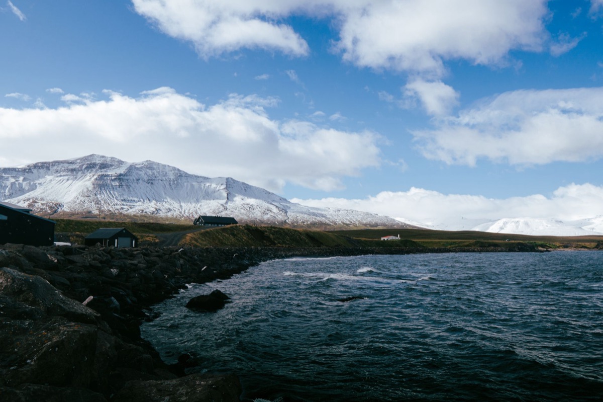 Aerial view of the winding roads and fjords in East Iceland