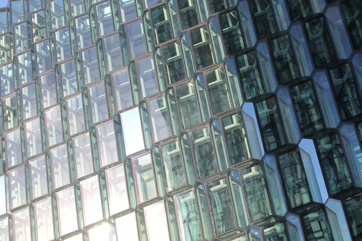 glass, facade, reflection, honeycomb, structure, architecture, protection, window, building, harpa, iceland, reykjavik, philharmonic orchestra, modern, design,